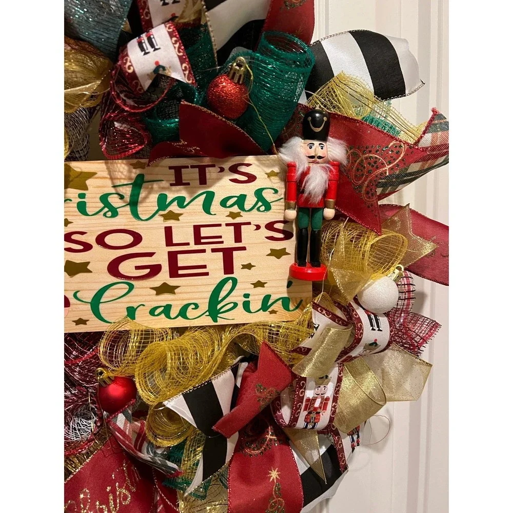 Christmas Nutcracker Holiday Ribbon Door Wreath Handmade 22 ins LED W4